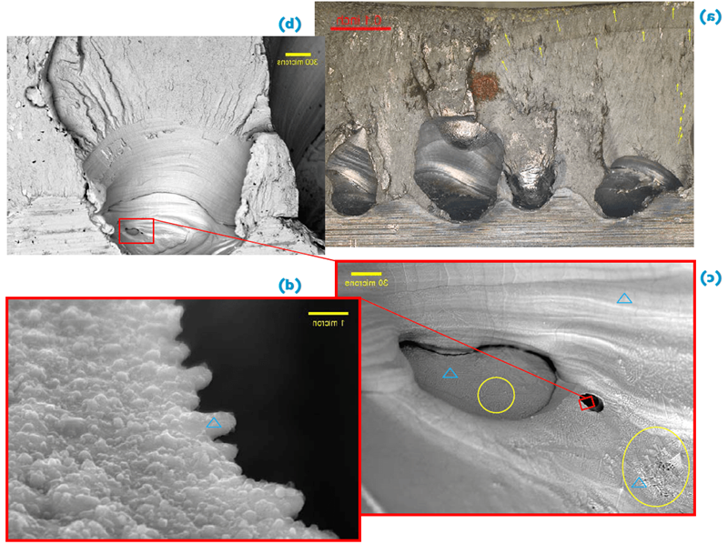 Visually obvious and large voids within the weld metal (a) resulted in multiple origin fatigue fracture [progression lines and the coalescence of multiple fatigue cracks are indicated with yellow arrows].